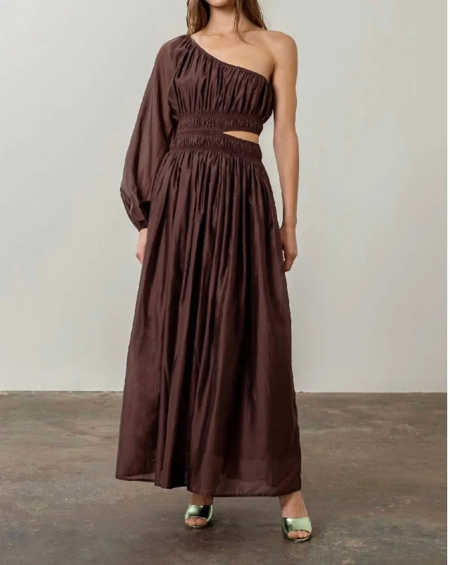 Cut Out Shirred Midi Dress In Chocolate Trendy Knit Midi Dress