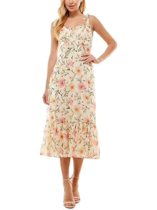 Juniors Womens Floral Print Tie Shoulder Midi Dress Stylish Midi Dress with Cuffs