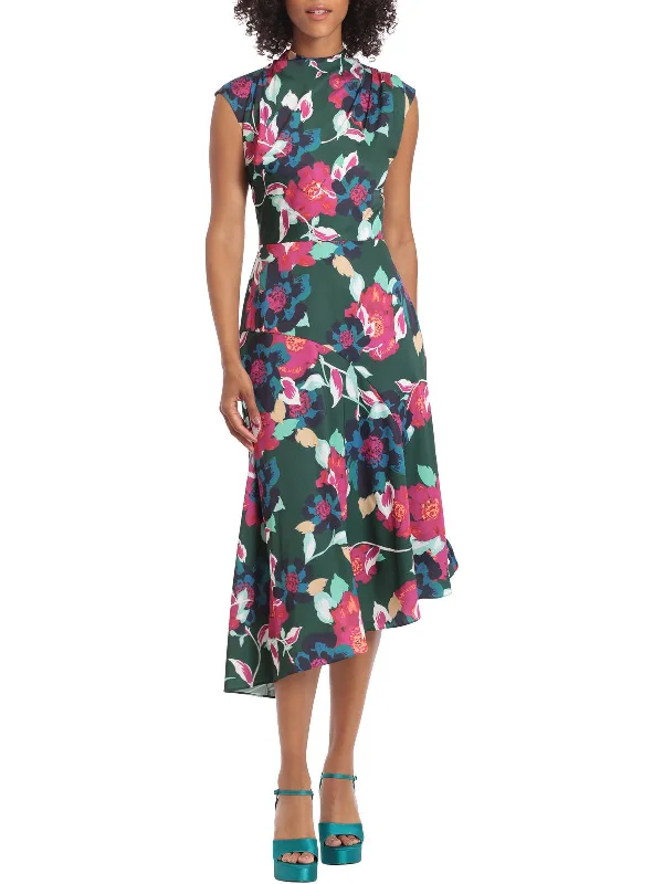 Womens Floral Asymmetric Midi Dress Trendy Boho Midi Dress