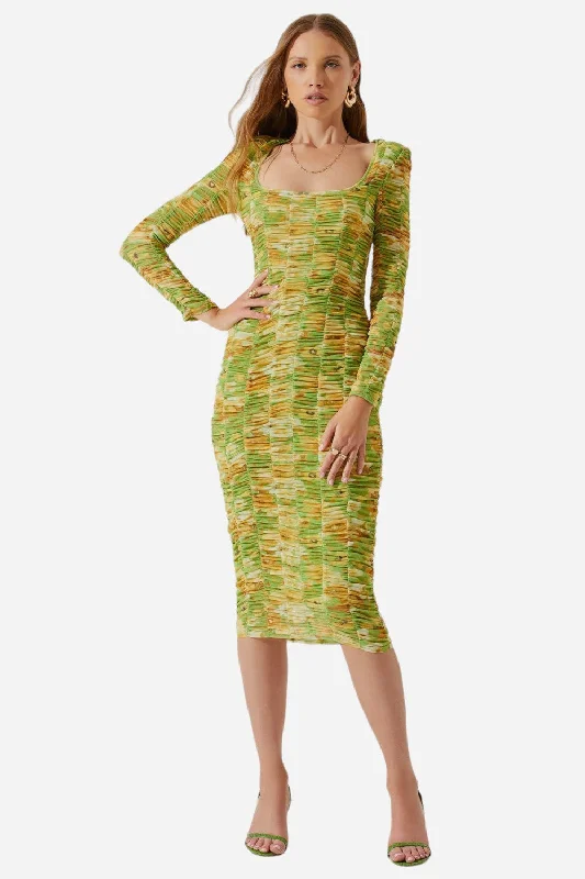 ASTR The Label Yelina Ruched Long Sleeve Midi Dress in Lime Yellow Stylish Color Block Midi Dress