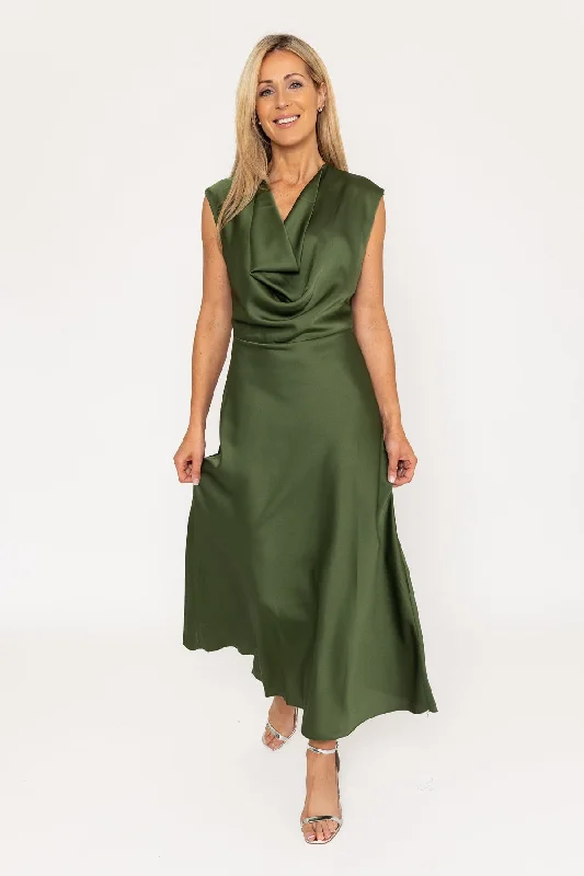 Khaki Sleeveless Kendall Midi Dress Trendy Ruffle Hem Midi Dress