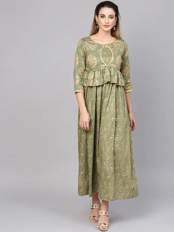 Women's  Olive Green & Golden Printed Layered Maxi Dress - AKS Trendy Printed Maxi Dress