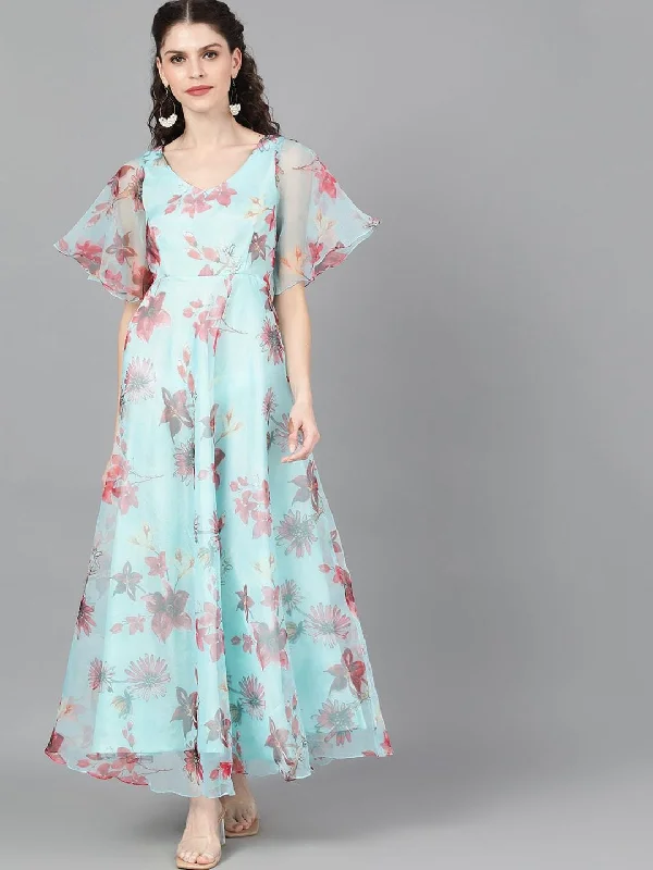 Women's  Turquoise Blue & Pink Floral Printed Maxi Dress - AKS Stylish Boho Maxi Dress