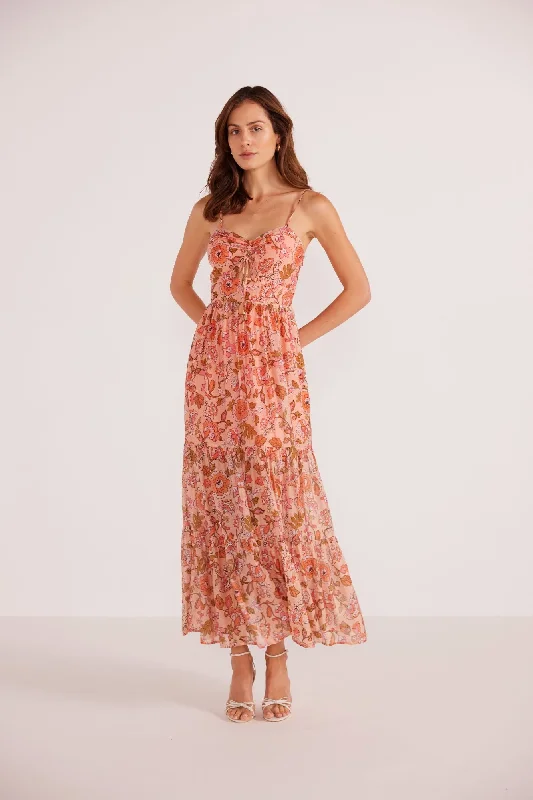 Amelia Tiered Midi Dress | Peach Floral Comfortable Ribbed Midi Dress