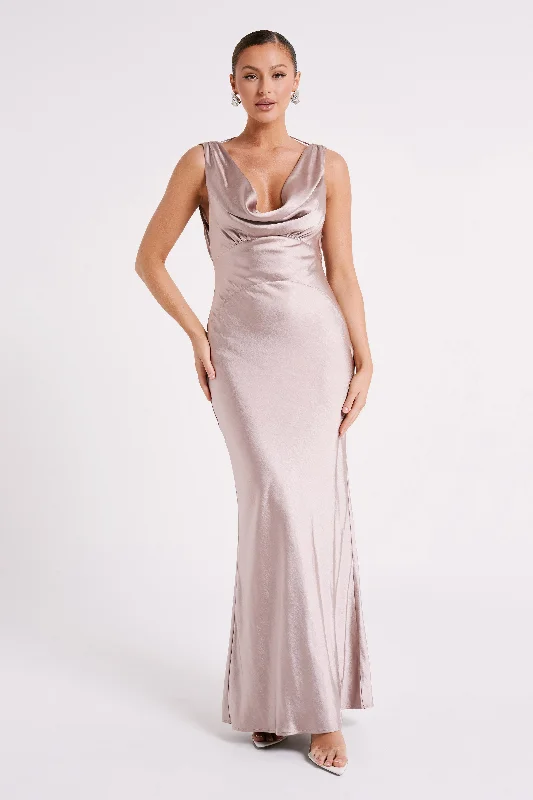 Angelique Satin Cowl Back Maxi Dress - Taupe Elegant Pleated Maxi Dress