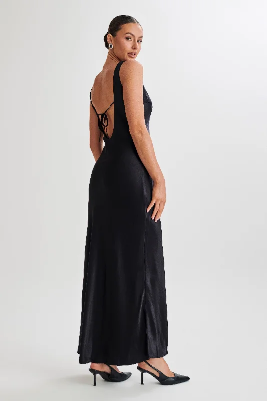 Annalise Satin Maxi Dress With Tie - Black Elegant Floral Maxi Dress