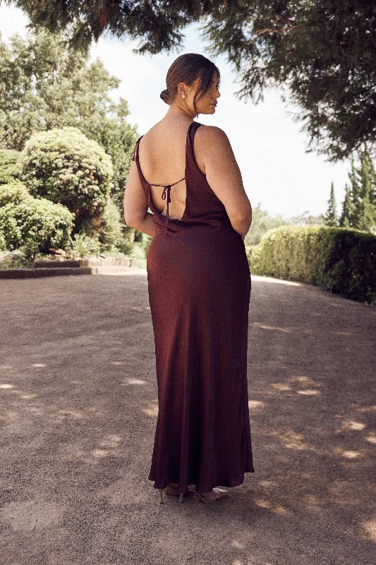 Annalise Satin Maxi Dress With Tie - Plum Comfortable Pleated Maxi Dress