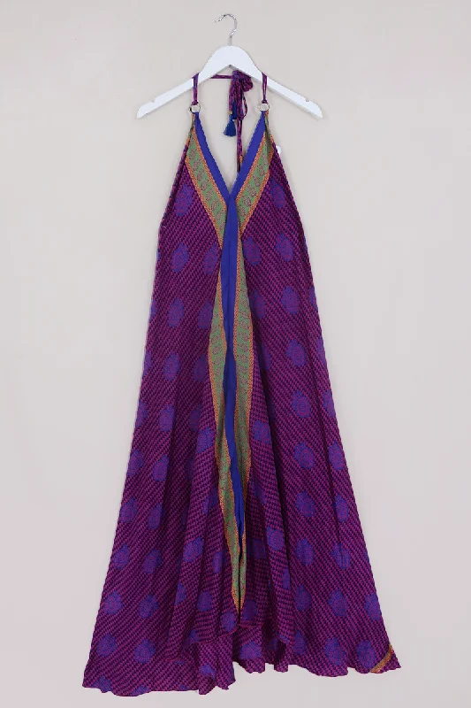 Athena Maxi Dress - Vintage Sari - Blueberry & Violet Tiles - M to L/XL Comfortable Pleated Maxi Dress