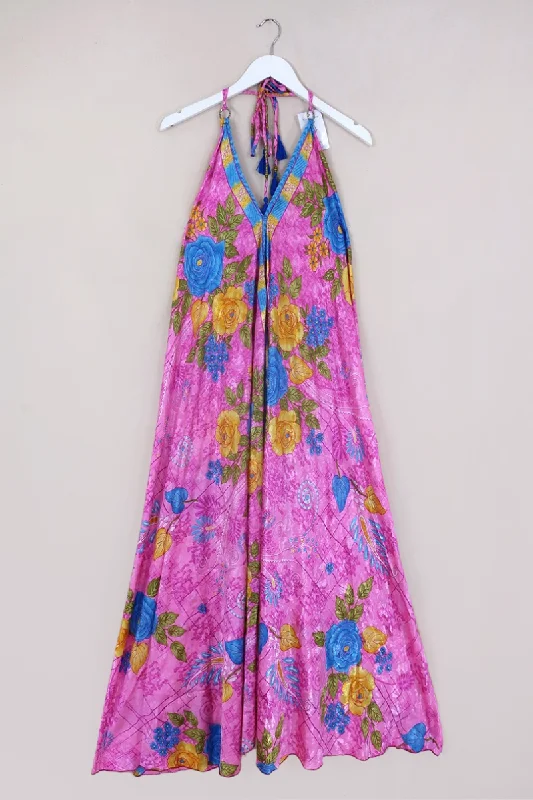 Athena Maxi Dress - Vintage Sari - Magenta, Sun & Sky Floral - M to L/XL Elegant Silk Maxi Dress