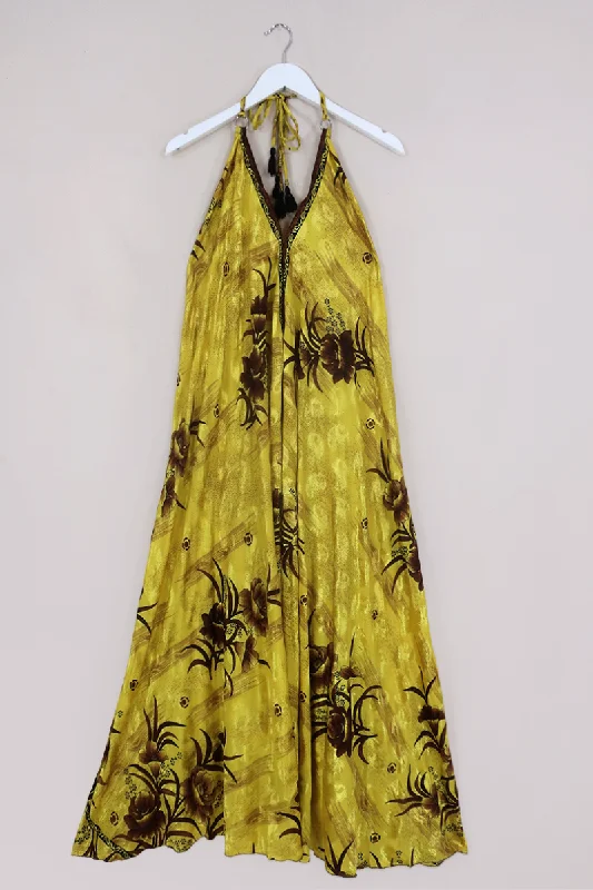 Athena Maxi Dress - Vintage Sari - Marigold & Sepia Floral - S to L Cozy Wrap Maxi Dress