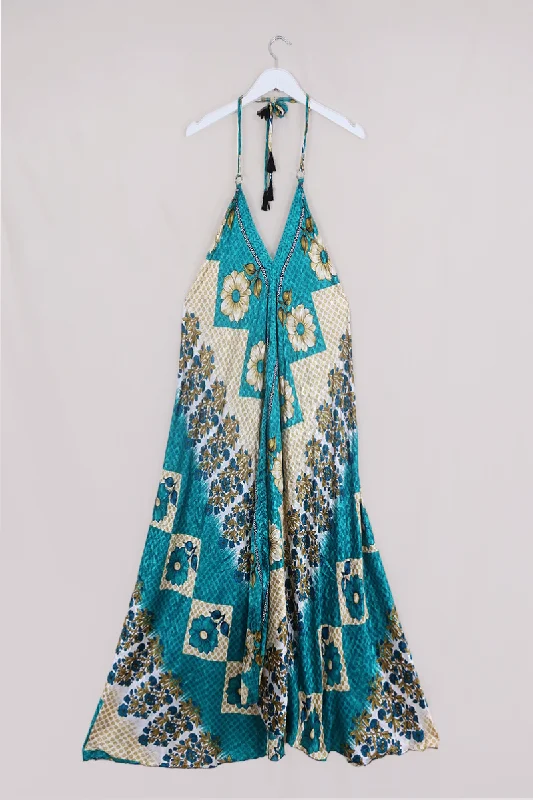 Athena Maxi Dress - Vintage Sari - Mottled Teal & Tan Wildflower - M to L/XL Casual Maxi Dress with Pockets