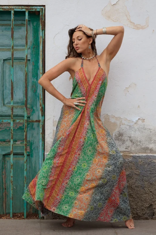 Athena Maxi Dress - Vintage Sari - Psychedelic Marigolds - S to M/L Stylish Long Sleeve Maxi Dress