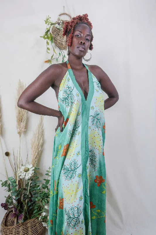 Athena Maxi Dress - Vintage Sari - Sage Green & Ginger Floral - S to L/XL Comfortable Long-Sleeve Maxi Dress