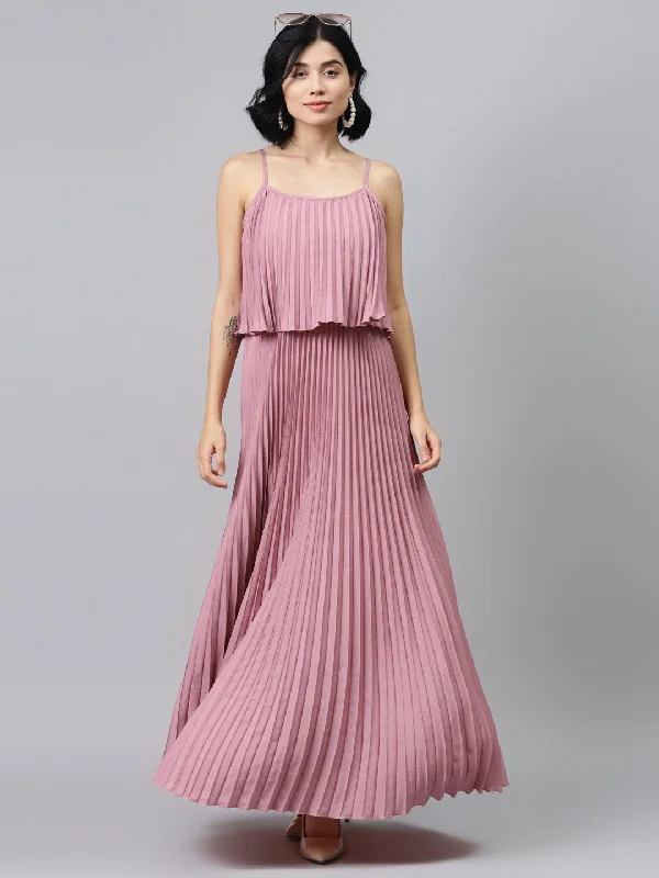 Women's Baked Pink Strappy Pleated Maxi Dress - SASSAFRAS Fashionable Off-Shoulder Maxi Dress