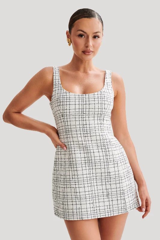 Beth Tweed Mini Dress - White Check Chic Pleated Mini Dress