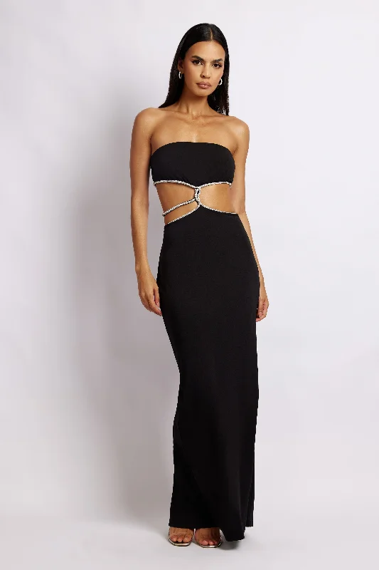 Billie Strapless Maxi Dress - Black Chic Boho Print Maxi Dress