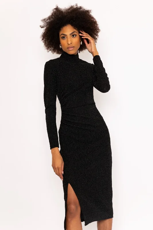 Black Lurex Cynthia Midi Dress Elegant Faux Wrap Midi Dress