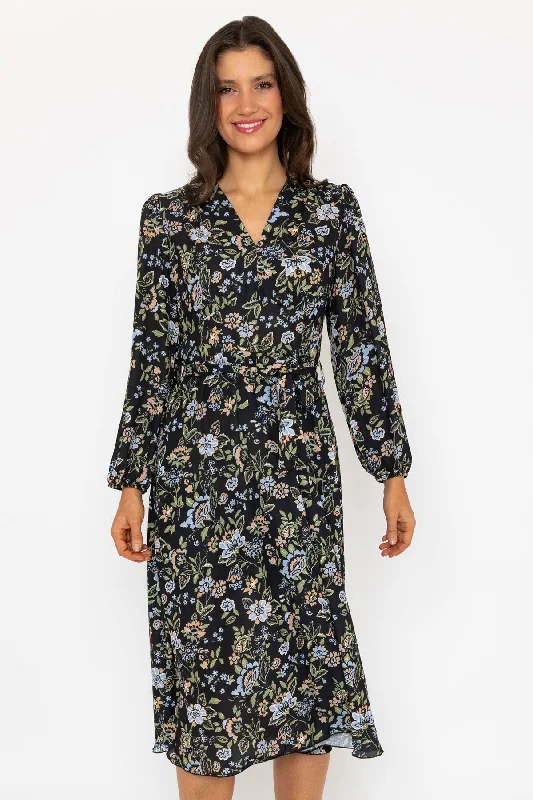 Black Print Long Sleeve Sinead Midi Dress Chic Off-Shoulder Midi Dress