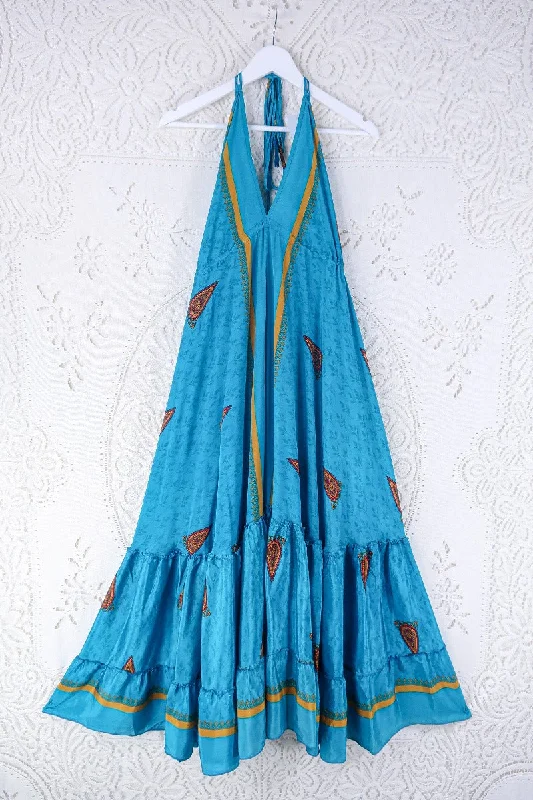 Blossom Halter Maxi Dress - Vintage Sari - Marine Teal Paisley - Free Size M/L Elegant Maxi Dress with Lace