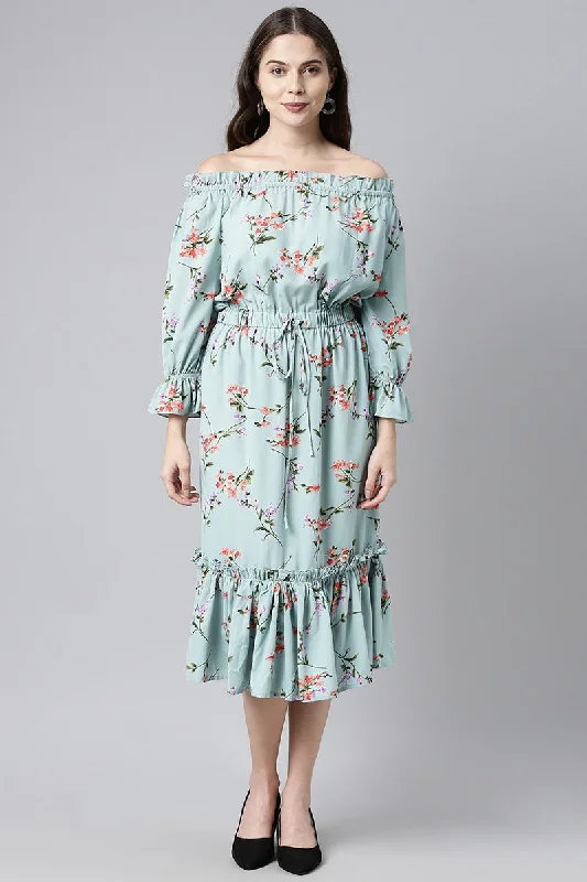 Blue Crepe Floral Print Off-Shoulder Midi Dress Fashionable Skater Midi Dress