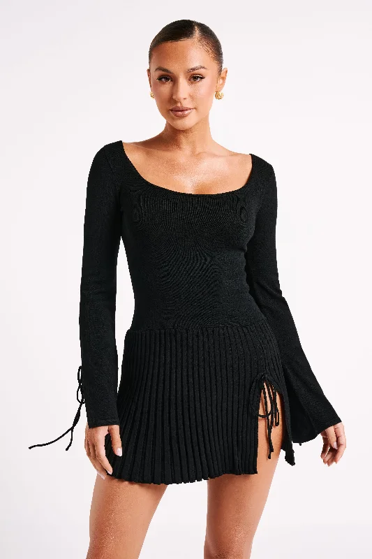 Britney Long Sleeve Knit Mini Dress - Black Chic Pleated Mini Dress