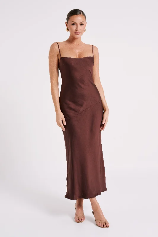 Brynlee Low Back Satin Maxi Dress - Dark Chocolate Cozy Ribbed Maxi Dress