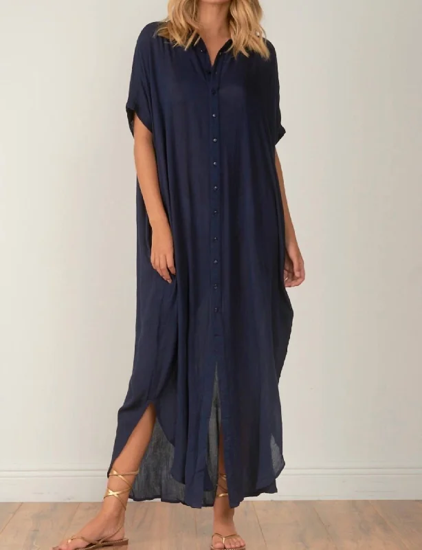 Button Down Maxi Dress In Navy Trendy Maxi Dress with Lace