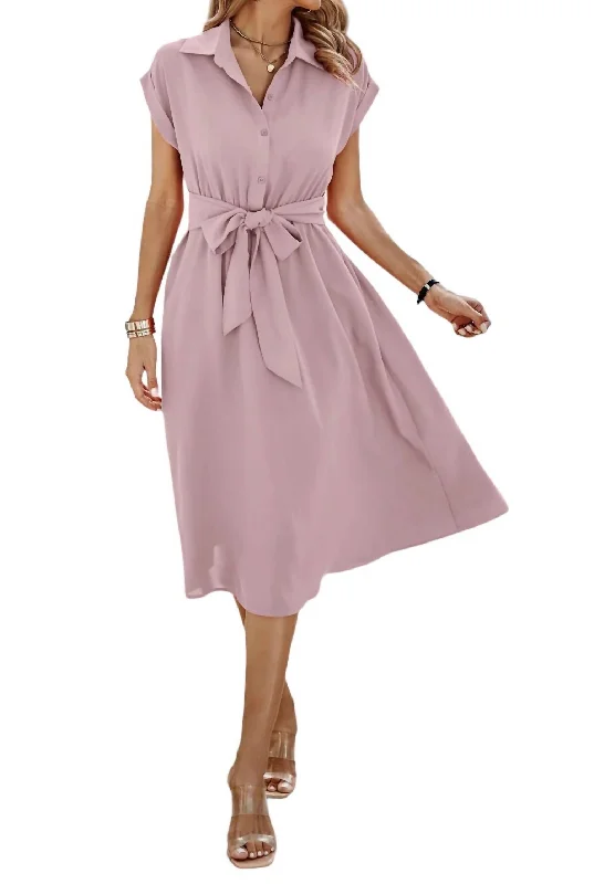 Button Up Midi Dress In Blush Comfortable Short Sleeve Midi Dress