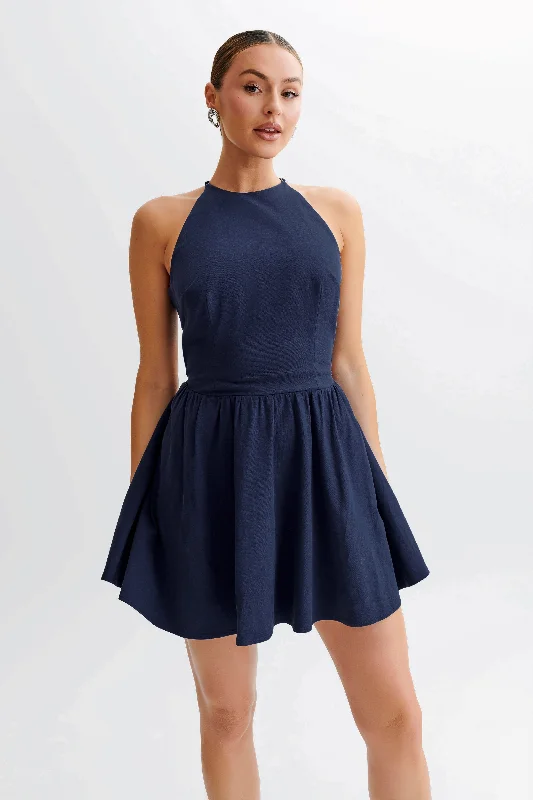 Carolina Cotton Halter Mini Dress - Navy Fashionable Boho-Chic Mini Dress