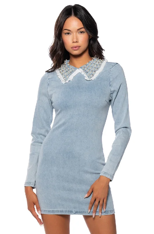 BEJEWELED COLLAR DENIM MINI DRESS Trendy Crossover Mini Dress