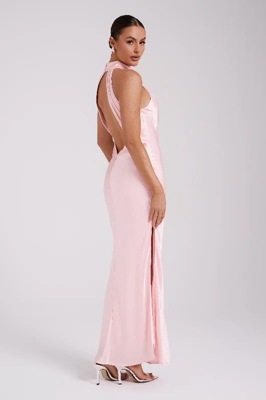 Claire Satin Drape Back Maxi Dress - Rosewater Trendy Maxi Dress with Belt