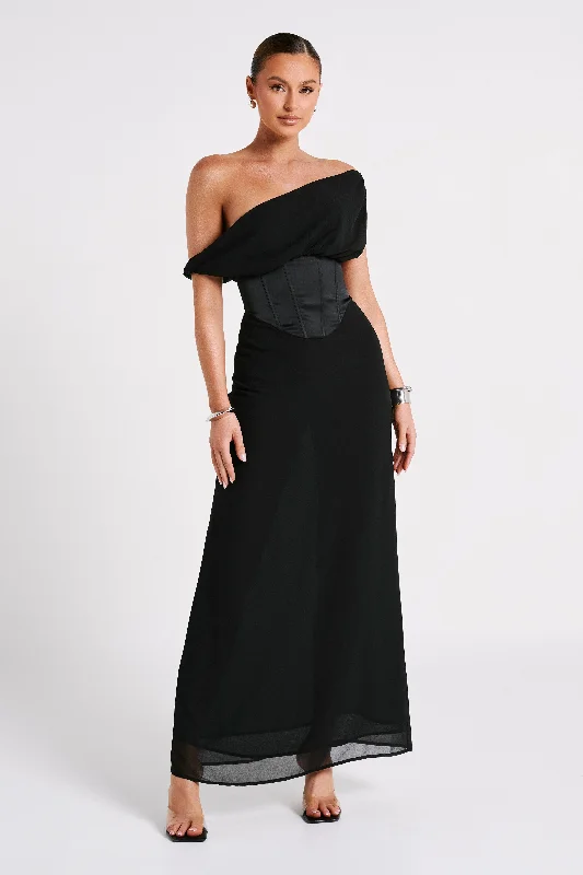 Courtney Chiffon Maxi Dress - Black Comfortable Ruffle Hem Maxi Dress