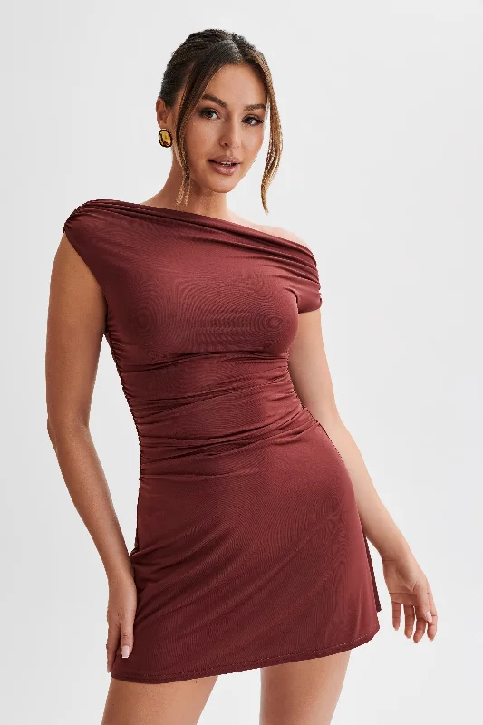 Dakoda Slinky Off Shoulder Mini Dress - Wine Stylish Ribbed Mini Dress