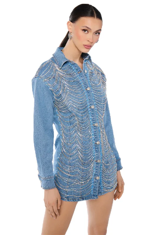 DENIM AND DIAMONDS BUTTON UP MINI DRESS Comfortable Smocked Mini Dress