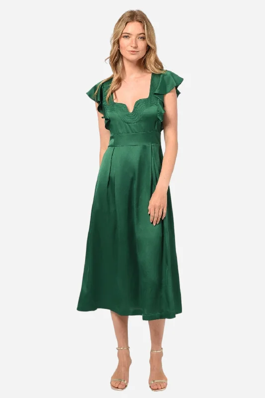 Adelyn Rae Diana Flutter Sleeve Midi Dress in Emerald Green Trendy Tiered Hem Midi Dress