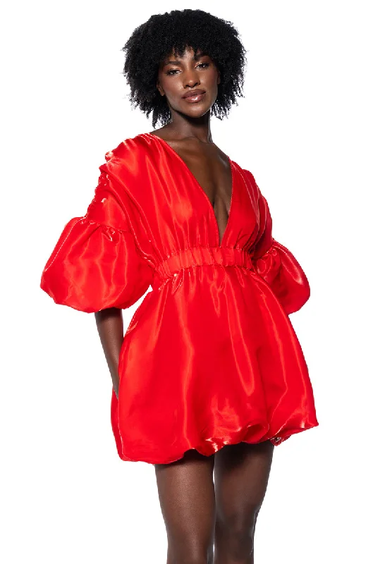 DIXIE BALLOON SLEEVE MINI DRESS IN RED Cozy A-Line Mini Dress