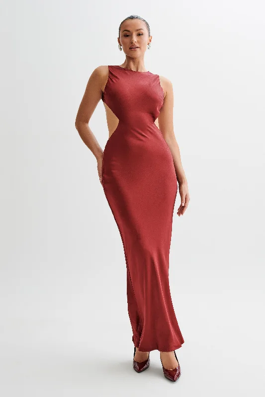 Electra Satin Cut Out Maxi Dress - Berry Cozy Wrap Maxi Dress