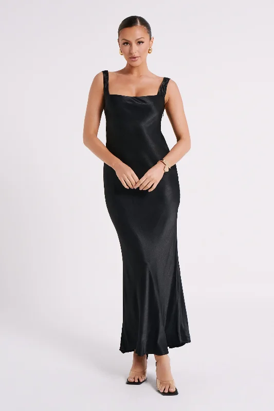 Ensley Satin Maxi Dress - Black Chic Boho Print Maxi Dress