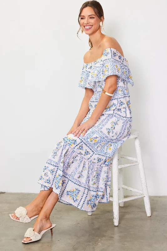 Eyelet Embroidered Print Maxi Dress Fashionable Off-Shoulder Maxi Dress