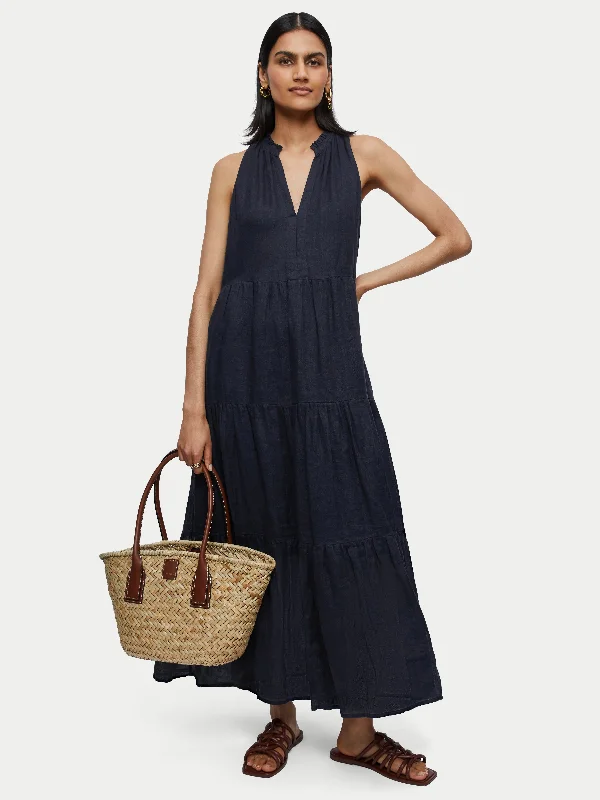 Gauze Linen Maxi Dress | Navy Fashionable Chiffon Maxi Dress