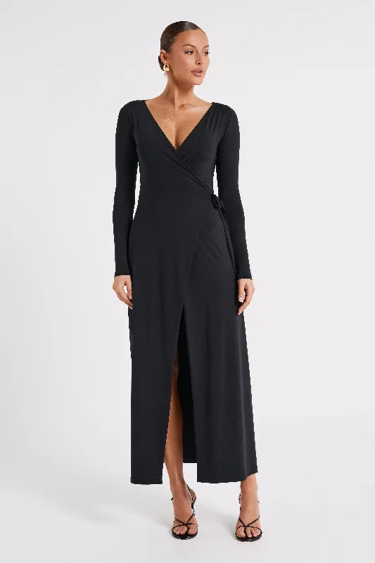 Gillian Recycled Nylon Wrap Maxi Dress - Black Comfortable Cotton Maxi Dress