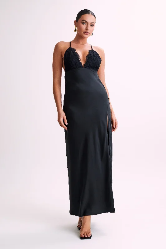 Gina Satin Slip Maxi Dress With Lace - Black Trendy Fit-and-Flare Maxi Dress