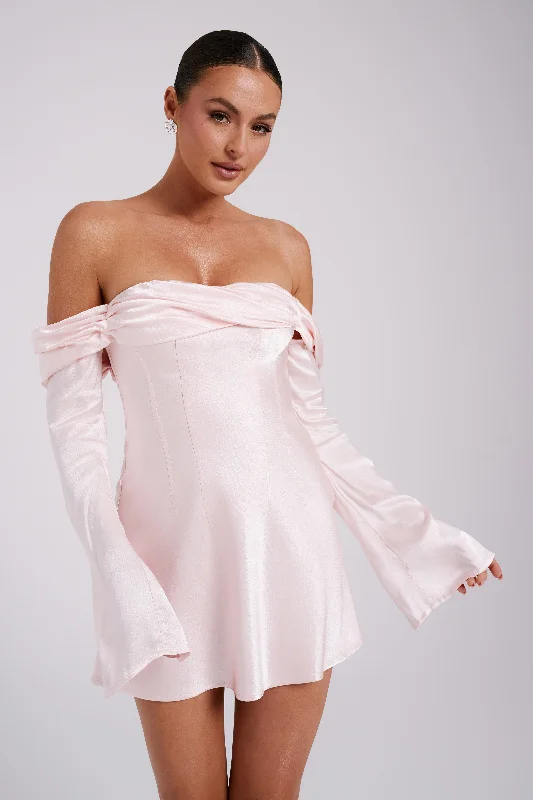 Giselle Off Shoulder Satin Mini Dress - Rosewater Fashionable Button-Front Mini Dress