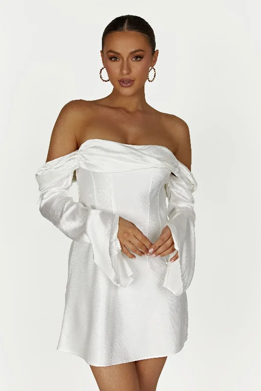 Giselle Off Shoulder Satin Mini Dress - White Comfortable Wrap Mini Dress