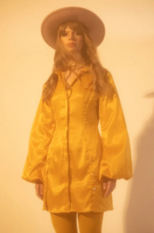 GOLDEN LOOKS BUTTON UP MINI DRESS WITH FASHION SLEEVES YELLOW Elegant Tulle Mini Dress