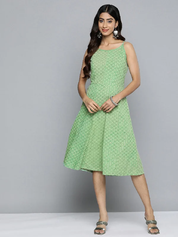 Green Floral Sequin Embroidered A-Line Midi Dress Elegant Satin Midi Dress