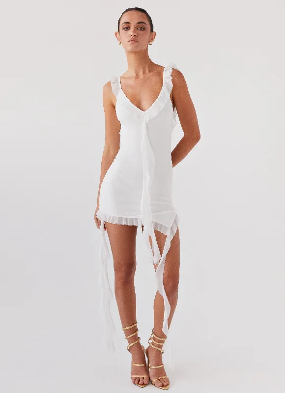 Heaven Knows Frill Mini Dress - White Cozy Wraparound Mini Dress