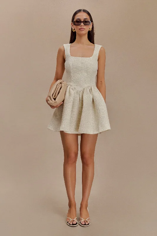 Jennifer Boucle Mini Dress - Ivory Elegant Mini Dress with Pleats