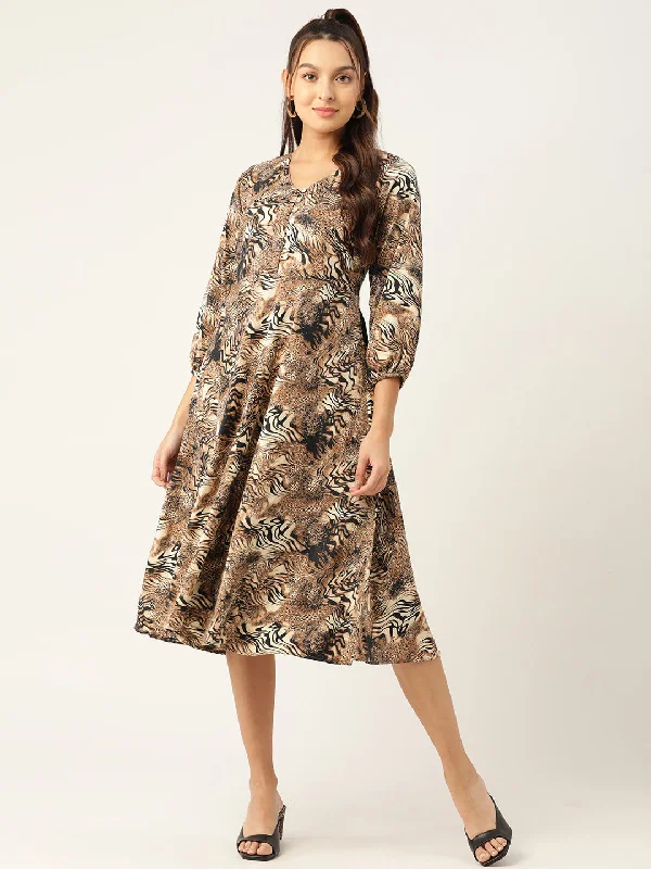 Women Animal Print Puff Sleeves Crepe Midi Dress Trendy A-Line Midi Dress