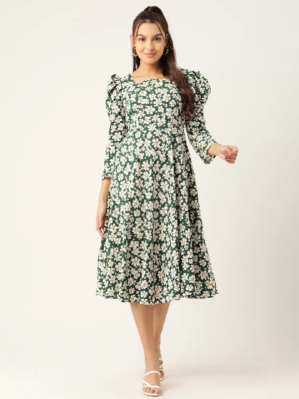 Women Floral Print Puff Sleeves Crepe Midi Dress Elegant Floral Midi Dress